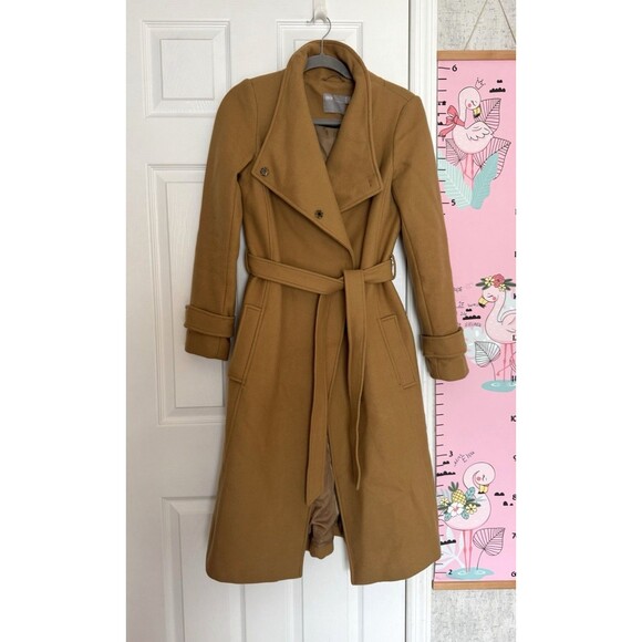 ASOS Womens Tan Beige Wool Coat Size 4 Belted Midi - Picture 1 of 9